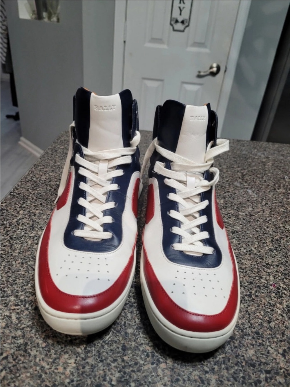 Bally Men’s White, Navy & Red High-Top Sneakers